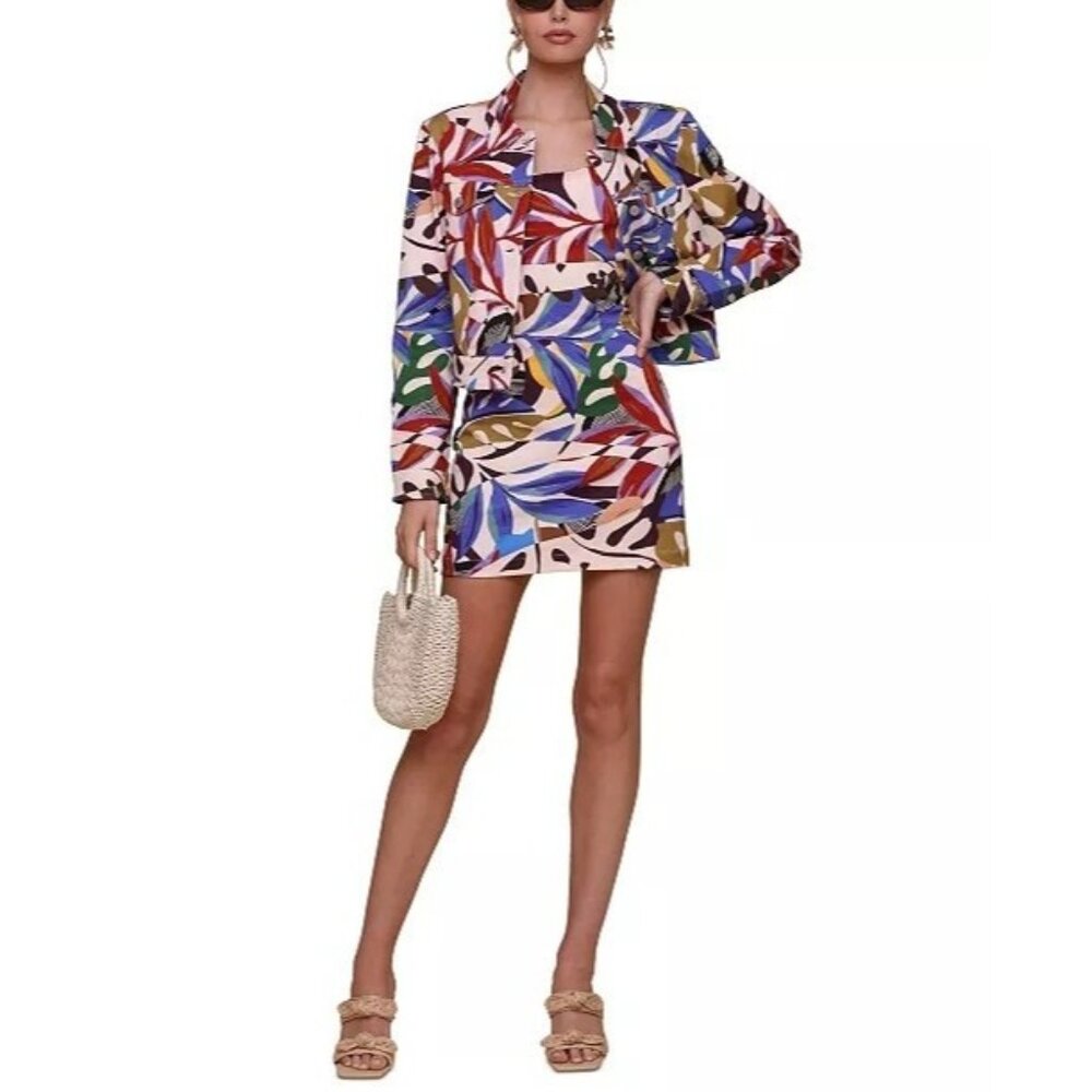 99$ Avec Les Filles Abstract Floral Trucker Denim Jacket Size 2 Multicolor - Picture 1 of 2